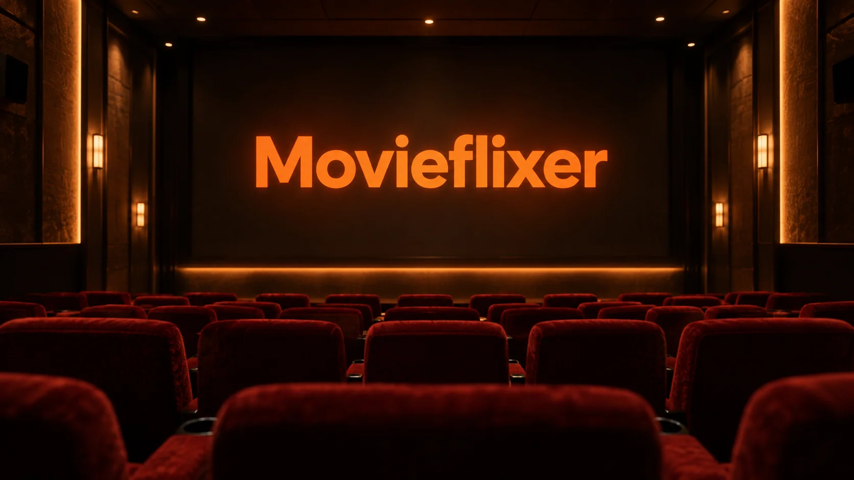 Orange Movieflixer wordmark above dark red cinema seats